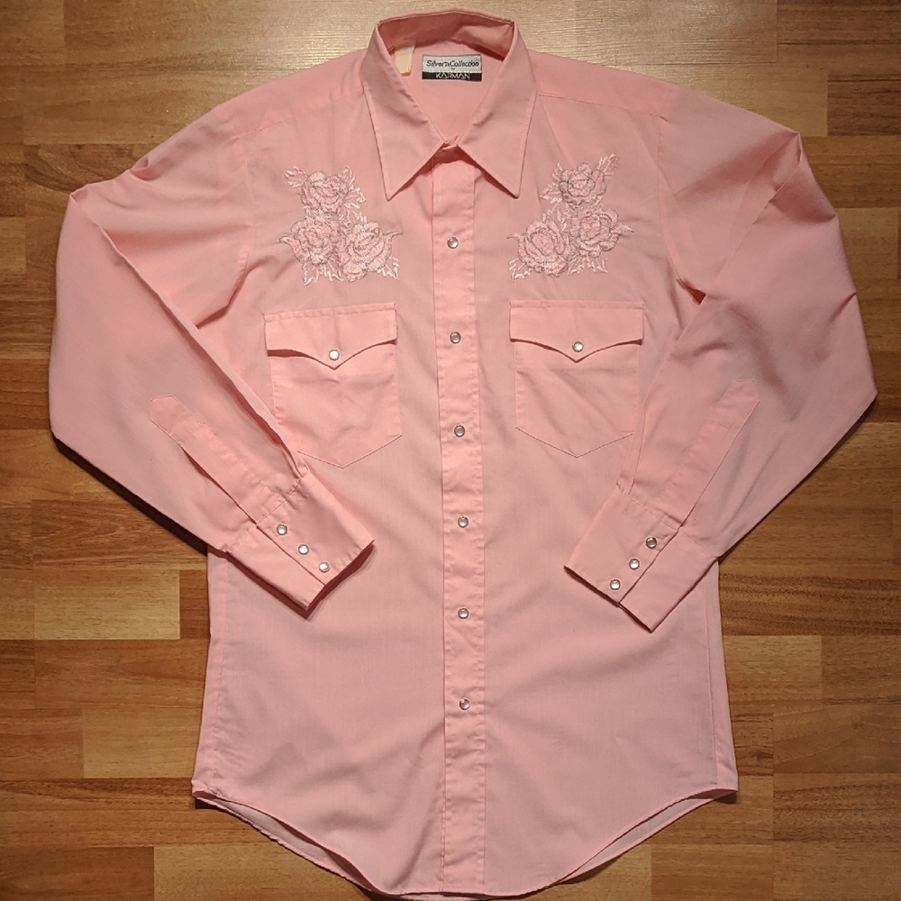 Vintage 1980's Pink Button Down Western Shirt with Floral Embroidery